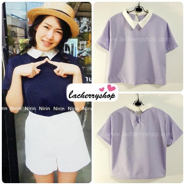 เสื้อแฟชั่น เสื้อทำงาน ผ้าฮานาโกะ สีม่วง พาสเทล สดใส คอปกเก๋ๆ แบบยอดนิยม สินค้าคุณภาพ ราคาไม่แพง