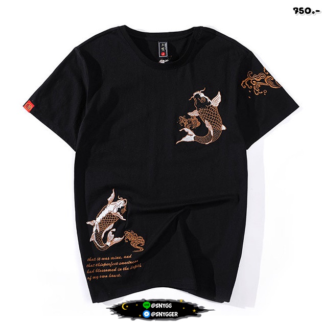 เสื้อยืดปักลายปลาคราฟทอง ดำ