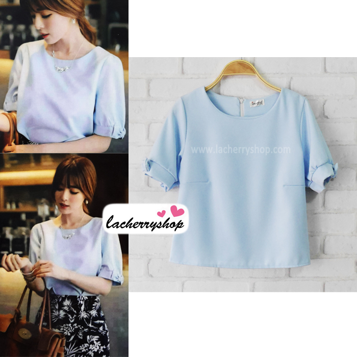 เสื้อแฟชั่น เสื้อทำงาน ผ้าฮานาโกะ สีฟ้า แต่งโบว์ที่แขน แบบสวยน่ารัก สไตล์เกาหลี สินค้าคุณภาพดี ราคาเบาๆ
