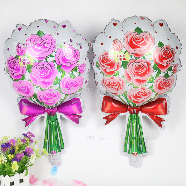 ลูกโป่งฟลอย์พิมพ์ลายทรง ช่อดอกไม้สีแดง ไซส์ 18 นิ้ว - Red Flower Bouquet Shape Foil Balloon / Item No.TL-E048