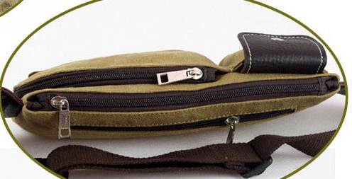 กระเป๋าวินเทจ คาดเอว คาดอก 2 ช่อง แต่งซิบโค้ง ผ้าใบ สีกากี เขียว