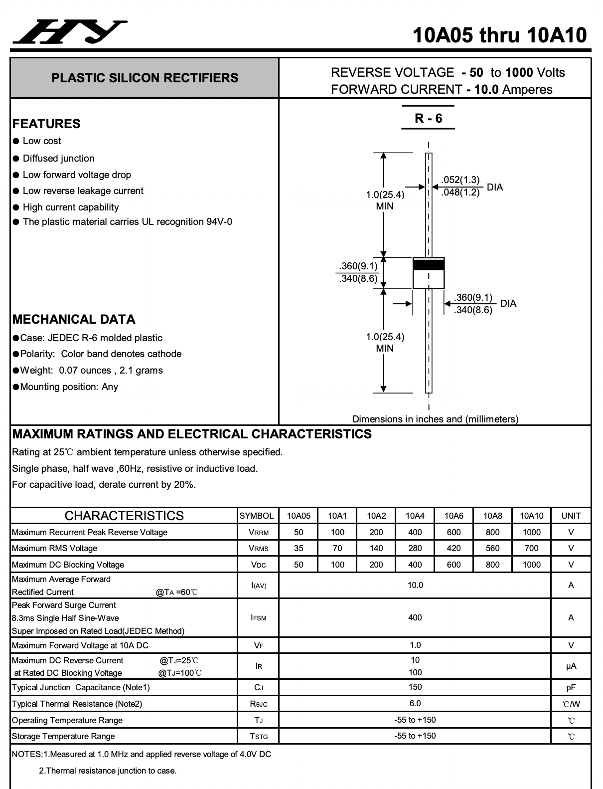 (10ตัว) 10A10 HY TAIWAN DIOD 10A/1000V ตัวถัง R-6