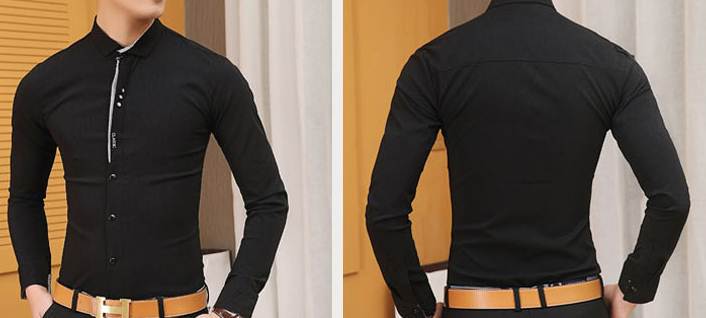 เสื้อเชิ้ตแขนยาว สลิมฟิต แฟชั่นปกเล็ก แต่งสาบ กระดุมดำ สีขาว No.36 38