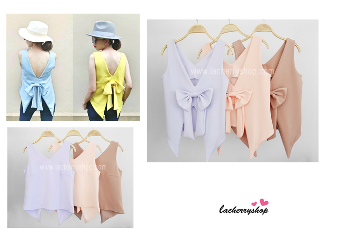 เสื้อแฟชั่นผ้าฮานาโกะ สีม่วง แขนกุด โบว์หลัง แบบสวยเก๋ๆ เซ็กซี่เบาๆ เนื้อผ้าฮานาโกะคุณภาพดี