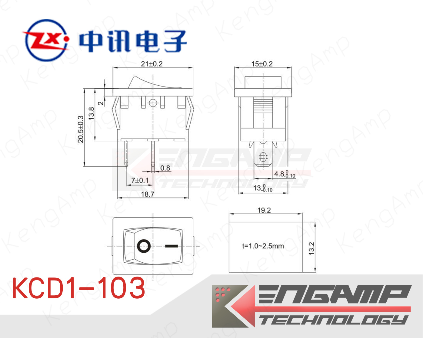 (1ตัว) KCD1-103 ON-OFF-ON 3ขา Zhongxun ขนาด 15x21mm