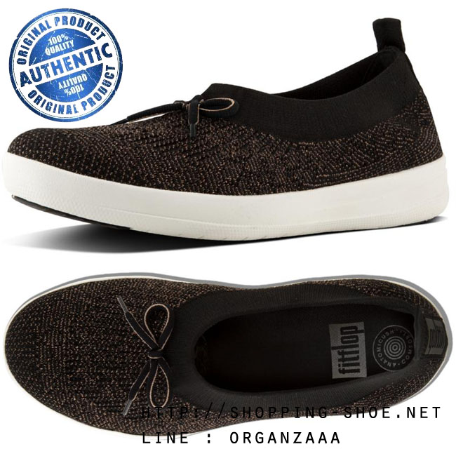 Fitflop Uberknit Slip On Ballerina With Bow Black / Bronze Metallic ของแท้ นำเข้าจาก USA และ UK