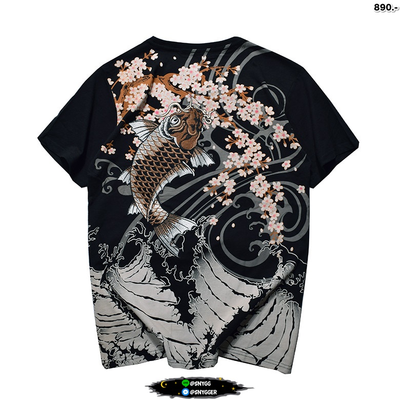 เสื้อยืด สกรีนลายคลื่น+ปักลายปลา ดำ