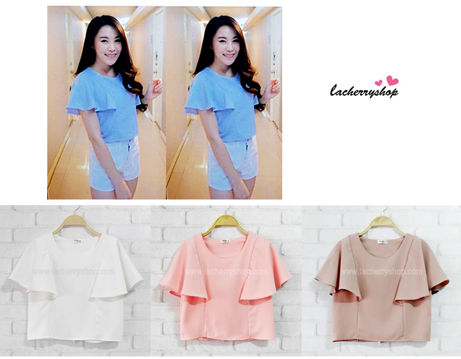 เสื้อครอป ผ้าฮานาโกะ สีชมพู แต่งระบายแขน แบบสวยหวานสไตล์เกาหลี มีซิปหลังค่ะ เนื้อผ้าฮานาโกะคุณภาพดี สำเนา