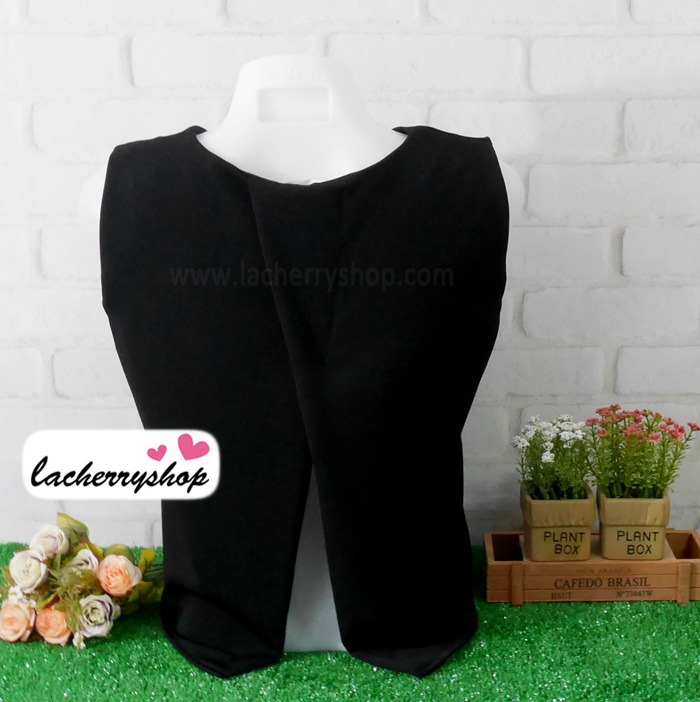 เสื้อผ้าแฟชั่นสวยๆ คอวี แขนกุด สีดำ ดีไซน์แต่งผ้าไขว้เปิดหลังเก๋ๆ ผ้าฮานาโกะ แบบสวยเรียบหรูดูดีมากค่า