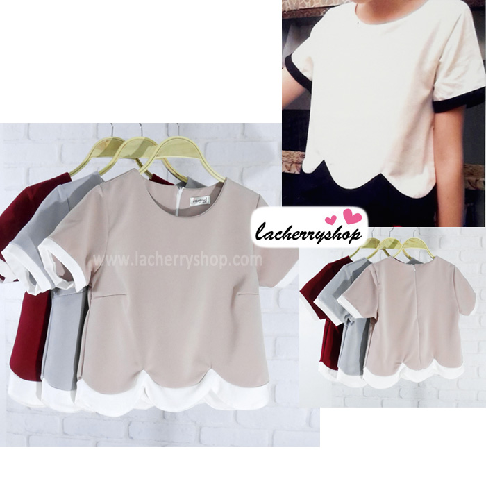 เสื้อแฟชั่นสวยๆ เสื้อผ้าฮานาโกะ สีนู้ด ดีไซน์เป็นหยักๆช่วงเอว แต่งขอบสีขาว แบบสวยน่ารักมากๆค่ะ