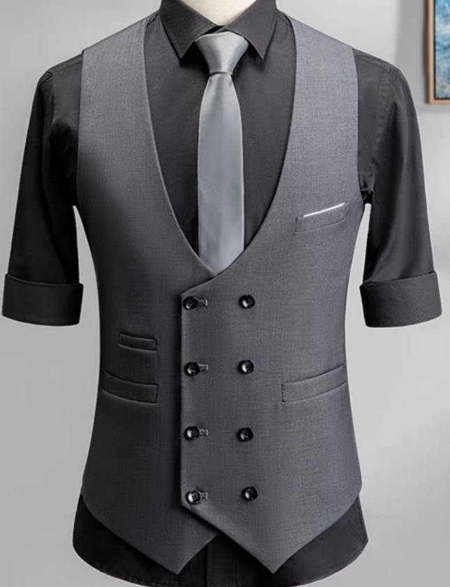 เสื้อกั๊กกระดุมคู่4 8เม็ด oversizeชาย สไตล์อังกฤษ23 แฟชั่นเล็กใหญ่ กระเป๋าขาว สีล้วน No.32 34-36-38-40-42 44 45 สีดำ เทา น้ำเงิน