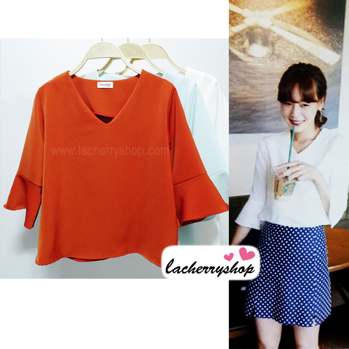 เสื้อแฟชั่น เสื้อทำงาน ผ้าฮานาโกะ สีส้ม คอวี แขนสามส่วน แบบเรียบหรู เนื้อผ้า อยู่ทรง ใส่สบาย ไม่ยับง่าย สินค้าคุณภาพ ราคาไม่แพง