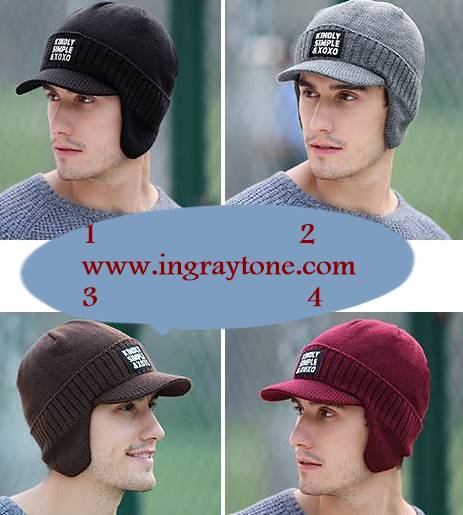 หมวกถัก หมวกไหมพรมกันหนาว +หมวกแก๊บมีปีก ปิดหู สีเทา ดำ แดง น้ำตาล