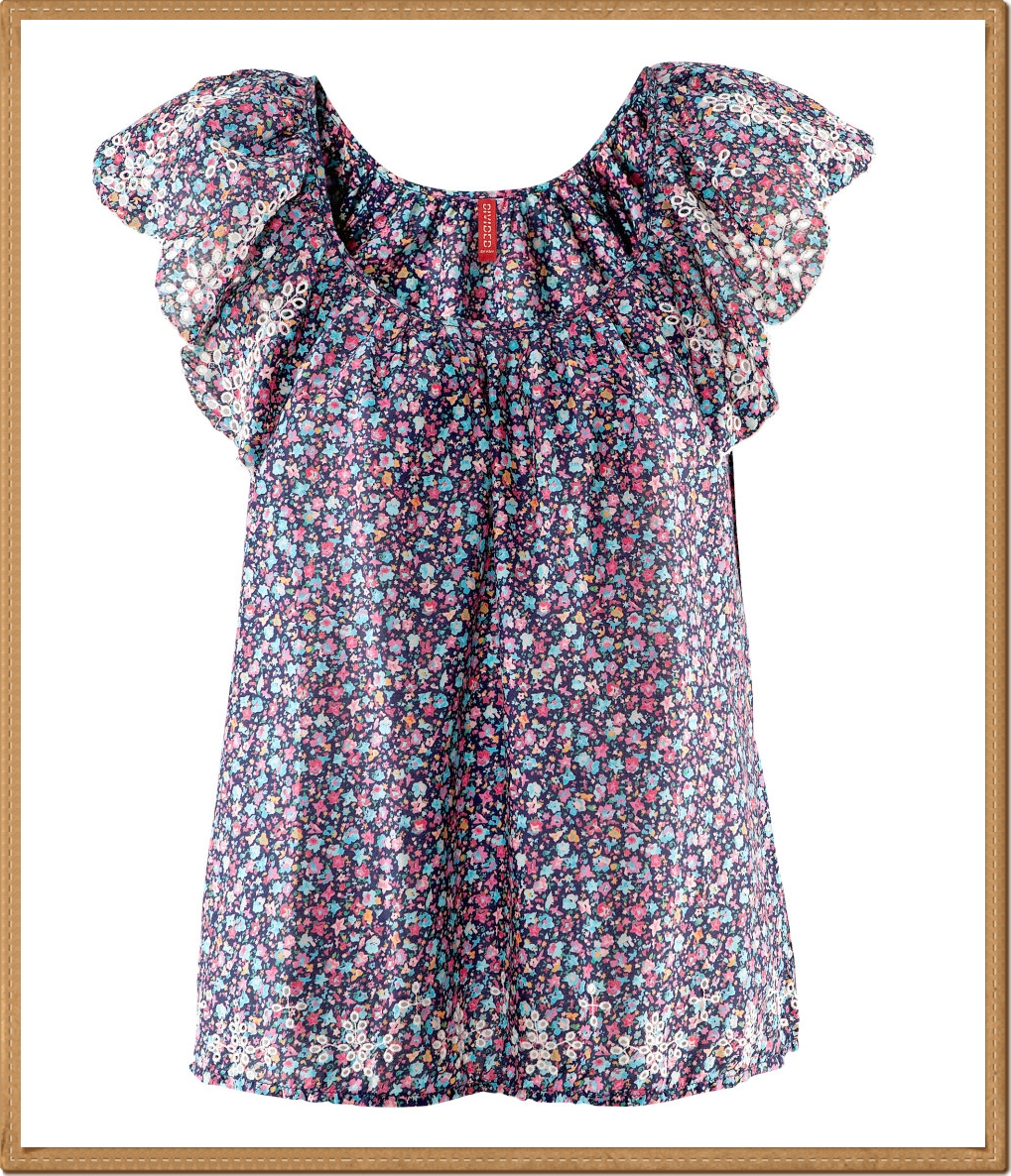 * H&M - เสื้อผ้าฝ้ายสีน้ำเงินลายดอกสีหลากสี ปักฉลุลายที่แขนและปลายเสื้อ