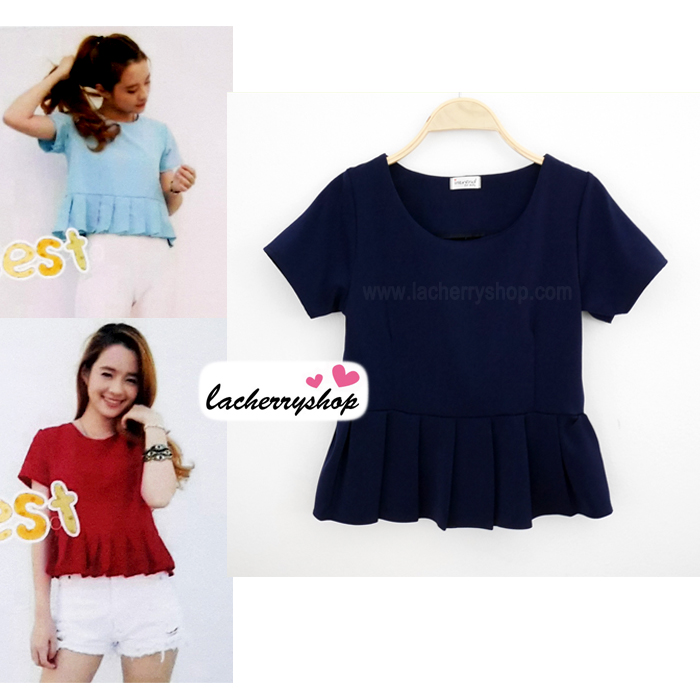 เสื้อแฟชั่น เสื้อทำงาน ผ้าฮานาโกะ สีกรมท่า แต่งระบายเอว แบบสวยเรียบหรู สินค้าคุณภาพดี ราคาย่อมเยา