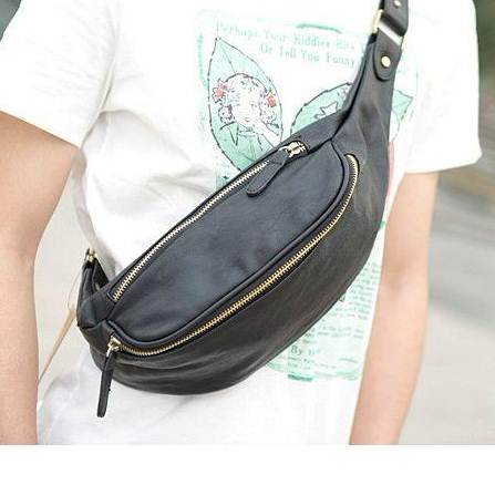 กระเป๋าสะพายข้าง คาดเอว แต่งซิบ PU สีดำ น้ำตาล