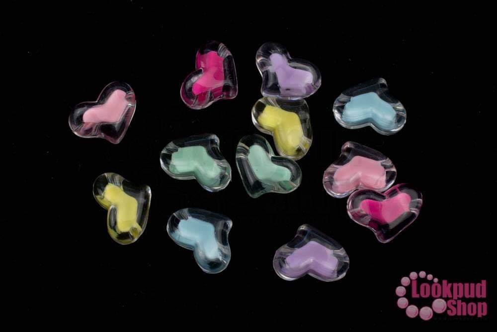 ลูกปัดพลาสติก คละสีสอดไส้ หัวใจ 15X21มิล (1ถุง/500กรัม)