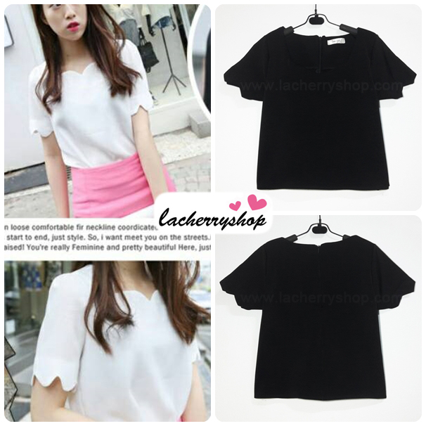 เสื้อแฟชั่นผ้าฮานาโกะ เสื้อทำงาน สีดำ คอและแขนเป็นหยักๆ สวยหวาน สินค้าคุณภาพ ราคาไม่แพง