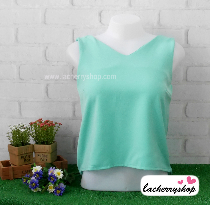 เสื้อแฟชั่น ผ้าฮานาโกะ สีพาสเทล เขียวมิ้นท์ แขนกุด ผูกโบว์ด้านหลัง แบบสวยน่ารัก สินค้าคุณภาพ ราคาไม่แพง