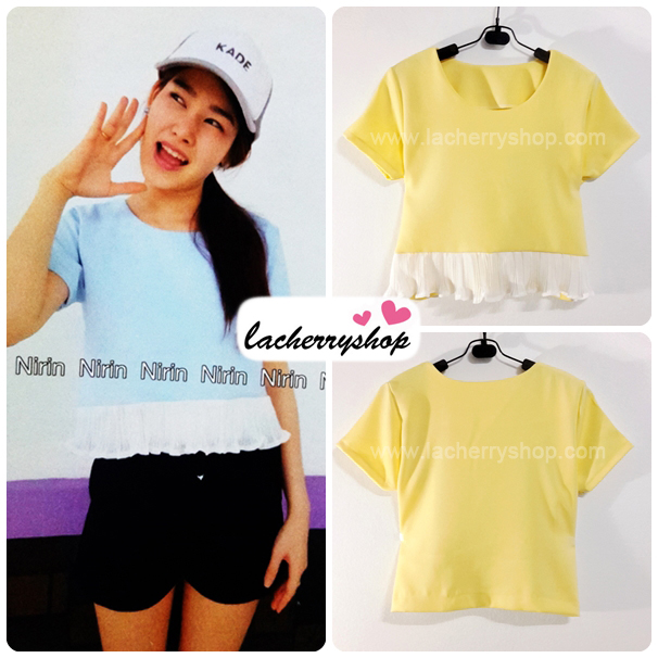 เสื้อแฟชั่น เสื้อทำงาน ผ้าฮานาโกะ สีเหลือง พาสเทล สดใส แต่งเอวผ้าซีฟองพริ้วๆ น่ารักมากๆ สินค้าคุณภาพ ราคาไม่แพง