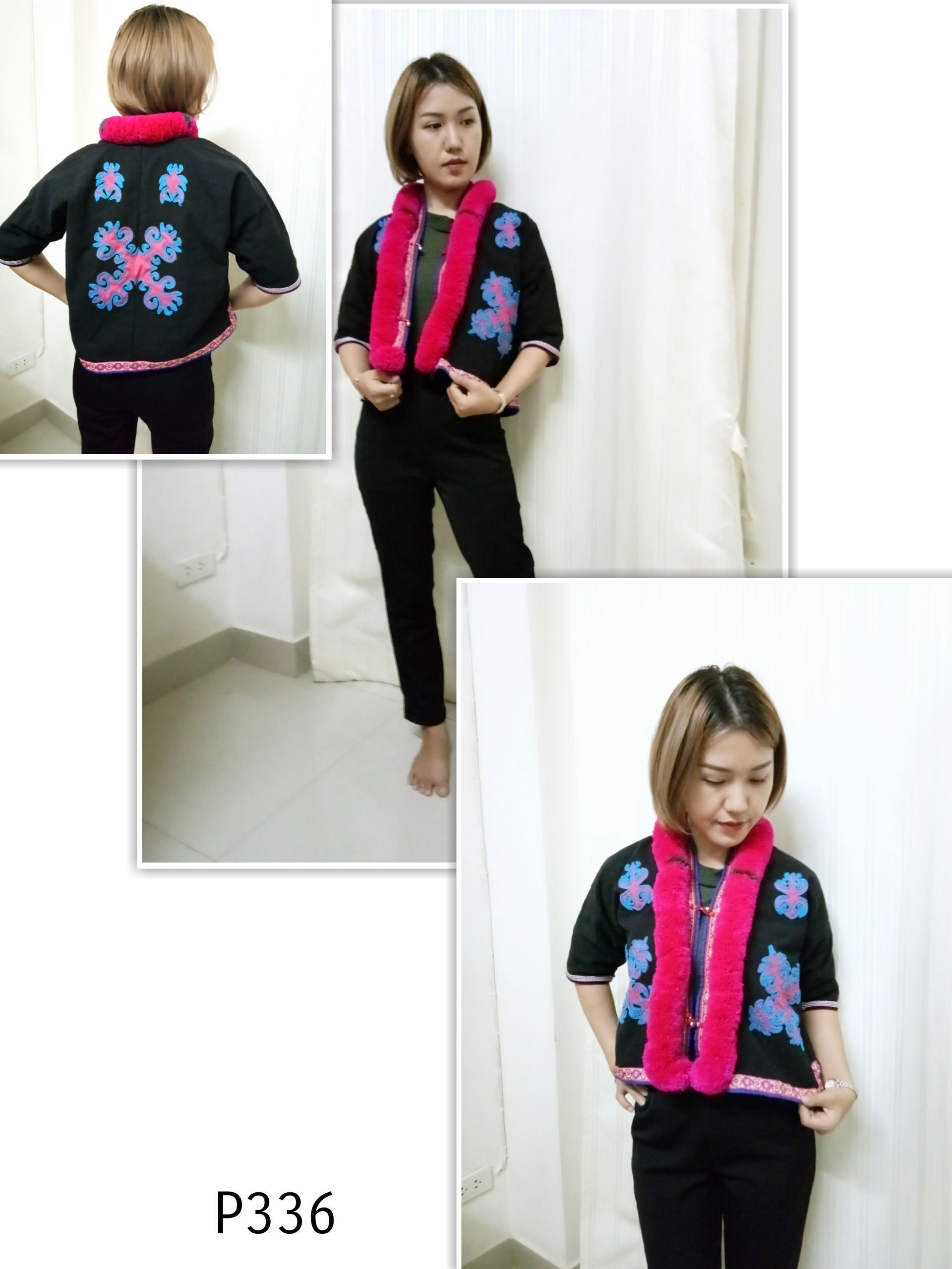 เสื้อคลุมผู้หญิง แต่งพู่แดง ตกแต่งลายดอกด้านหน้า-หลัง