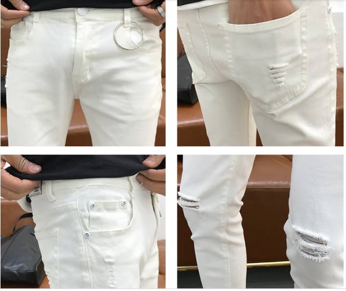 กางเกงขาวยีนส์ ขาดเข่า เข้ารูป 5ส่วน แฟชั่น กระเป๋าปะ ผ้าไม่บาง เอว No.26-34 ดำ ขาว