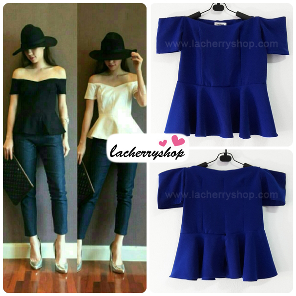 เสื้อแฟชั่นผ้าฮานาโกะ เสื้อทำงาน สีน้ำเงิน มีแขนเปิดไหล่ เซ็กซี่ๆ สินค้าคุณภาพดี ราคาไม่แพง