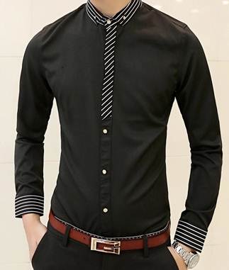 เสื้อเชิ้ตแขนยาว แฟชั่น แต่งสาบลายเฉียง No.38 สีดำ