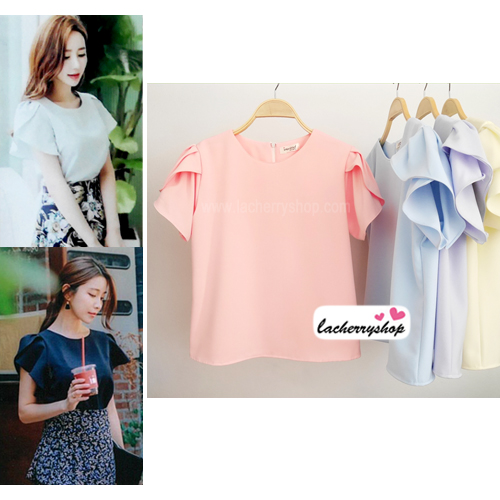 เสื้อผ้าแฟชั่นสวยๆ เสื้อทำงาน ทรงแขนกลีบบัว สีชมพู ผ้าฮานาโกะ แบบสวยหวานๆสไตล์เกาหลี