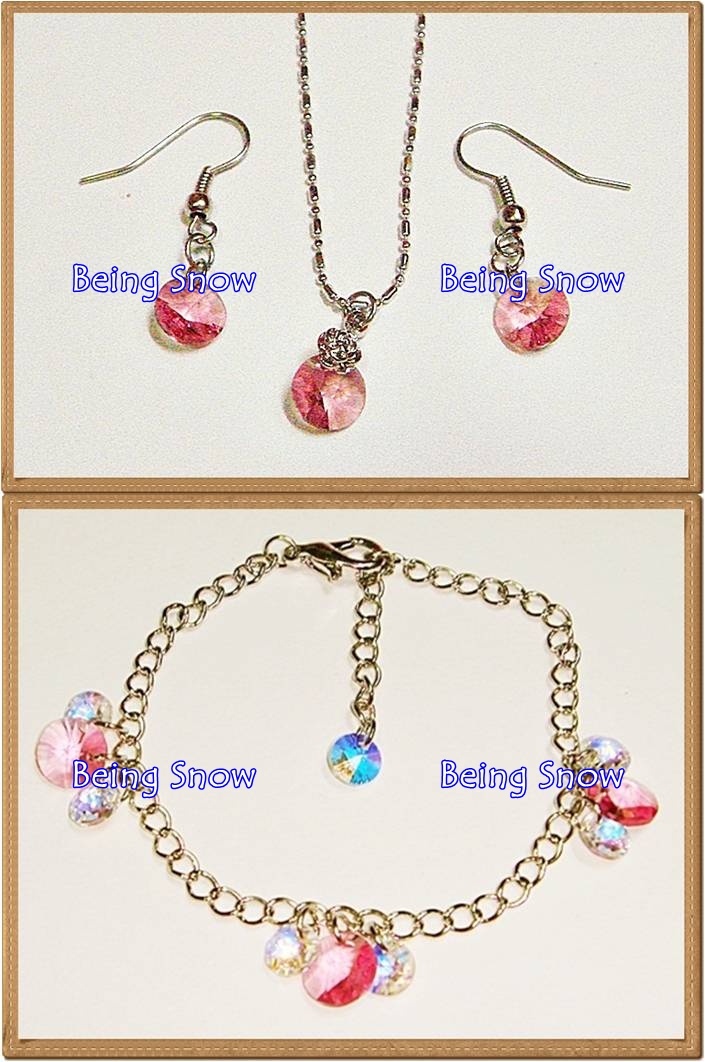 Set สร้อยคอ & สร้อยข้อมือ & ต่างหูคริสตัลทรงกลมแบน สีชมพู Rose