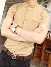 เสื้อเชิ้ตคอจีนแขนสั้น แต่งคอเข็มขัด สีดำ เขียว กากี No.34 36