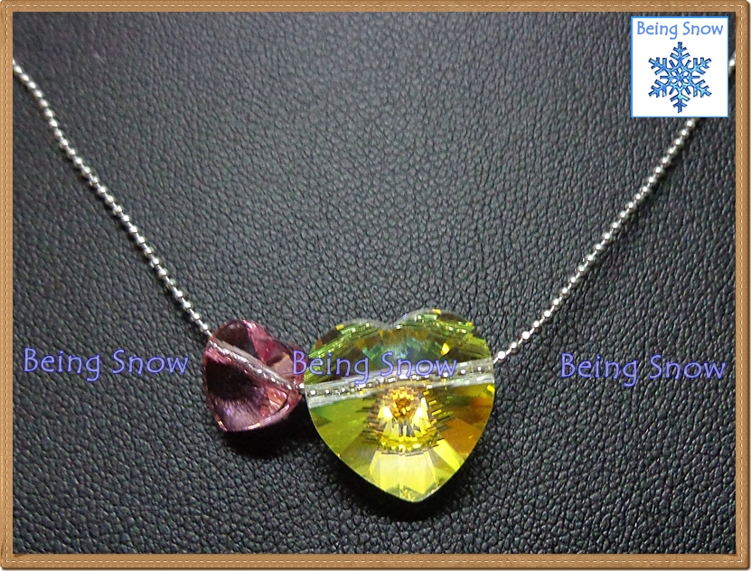 สร้อยคอคริสตัลหัวใจคู่ สีขาวรุ้ง + ชมพูใส