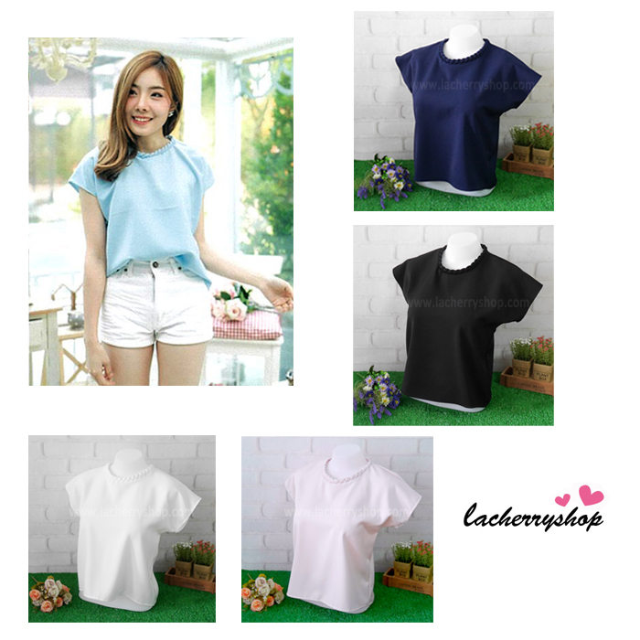 เสื้อผ้าแฟชั่นสวยๆ เสื้อทำงานสีกรมท่า ผ้าฮานาโกะ ทรงแขนค้างคาว คอเปีย แบบสวยน่ารัก สินค้าคุณภาพดี