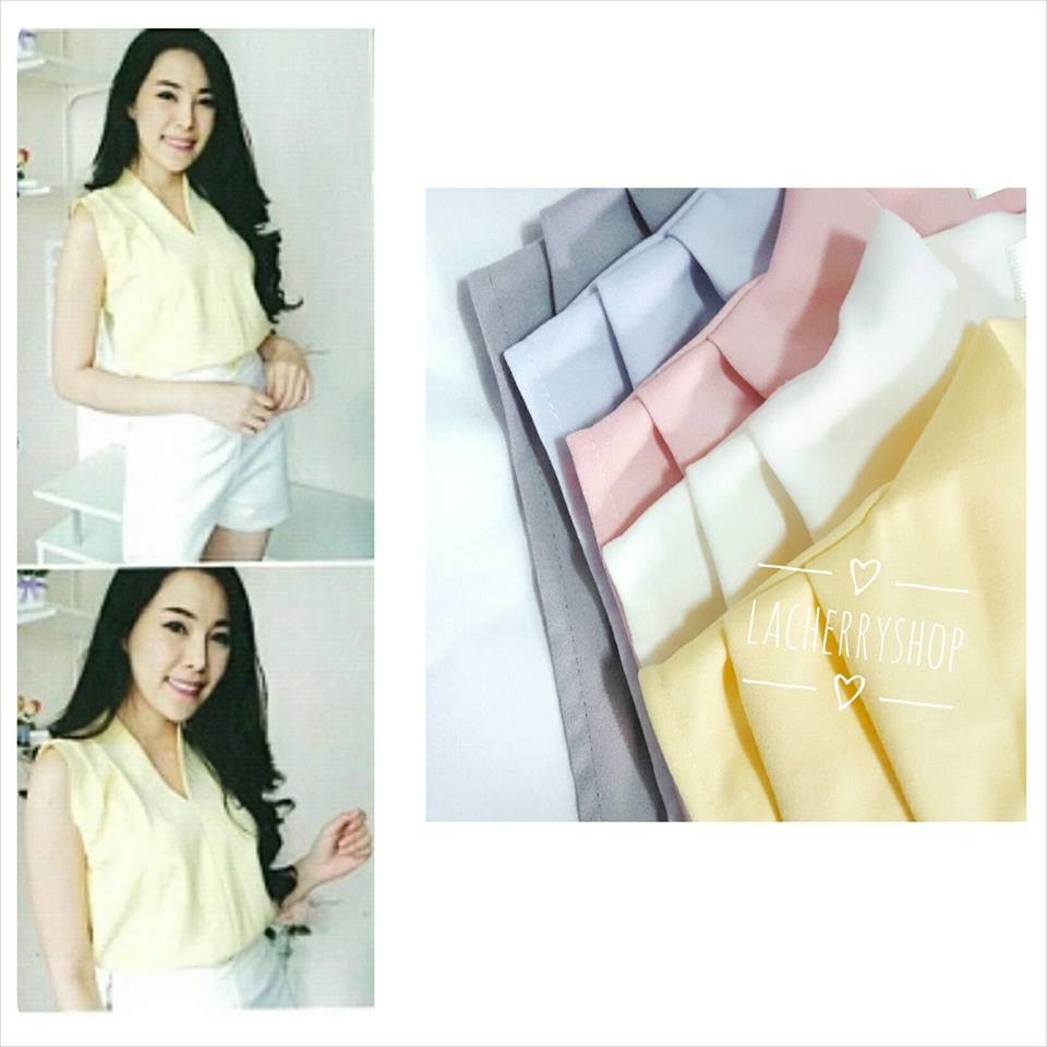 เสื้อแฟชั่นผ้าฮานาโกะ แขนกุด คอวี (สีเทา) จับจีบไหล่ ทรงสวยเรียบหรู สินค้าคุณภาพดี ใส่ได้ทุกโอกาส