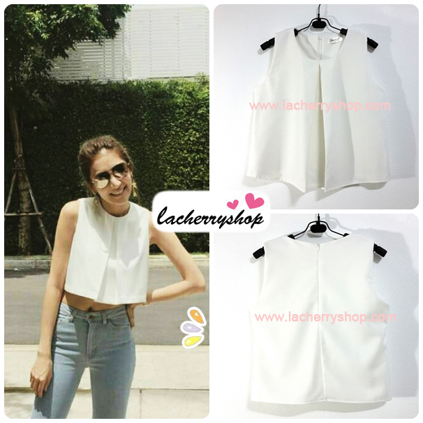 เสื้อแฟชั่นผ้าฮานาโกะ เสื้อทำงาน สีขาว แขนกุด จับจีบที่อกเก๋ๆ สินค้าคุณภาพ ราคาไม่แพง
