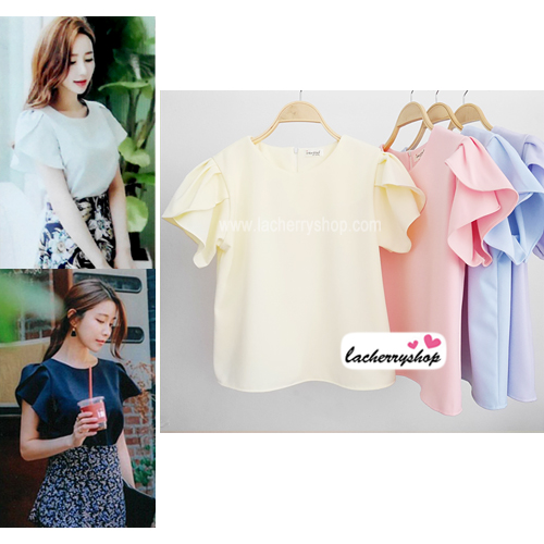 เสื้อผ้าแฟชั่นสวยๆ เสื้อทำงาน ทรงแขนกลีบบัว สีเหลือง ผ้าฮานาโกะ แบบสวยหวานๆสไตล์เกาหลี
