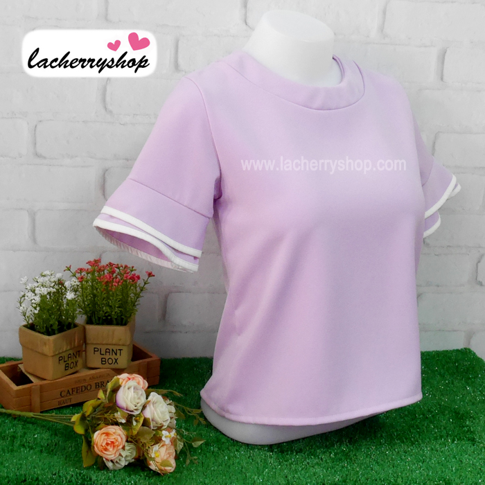 เสื้อแฟชั่น เสื้อทำงาน ผ้าฮานาโกะ สีม่วง พาสเทล สวยหวาน แต่งระบายแขนเสื้อริ้วสีขาว สินค้าคุณภาพ ราคาไม่แพง