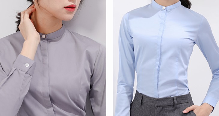 เล็กใหญ่พิเศษ!!เสื้อเชิ้ตคอจีน แขนยาว ผู้หญิง เข้ารูป ซ่อนกระดุม มุกบน size No.32-44 สีขาว ฟ้า น้ำเงิน เทา