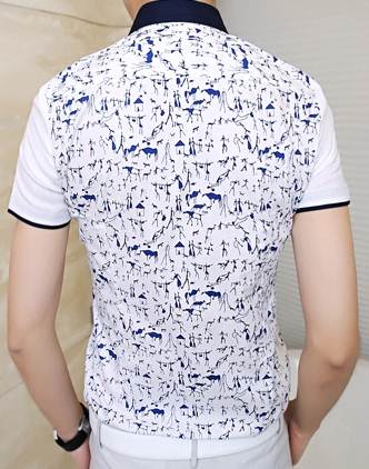 เสื้อเชิ้ตแขนสั้น แต่งเข็มกลัด ปกสีตัด ลายสัตว์ป่า ทรงปกติ No.39 (ลายน้ำเงิน)