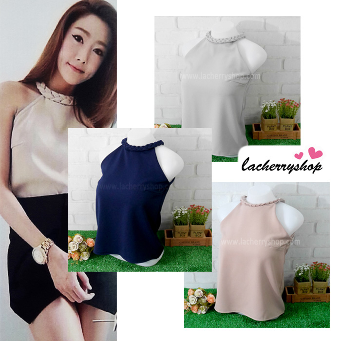 เสื้อแฟชั่นสวยๆ เสื้อทำงาน ผ้าฮานาโกะ สีเทา คอถักเปีย แบบยอดนิยม สวยน่ารักมากๆค่า