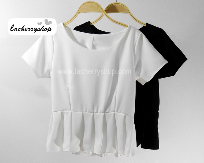 เสื้อแฟชั่น เสื้อทำงาน ผ้าฮานาโกะ สีดำ แต่งระบายเอว แบบสวยเรียบร้อย สินค้าคุณภาพ ราคาไม่แพง