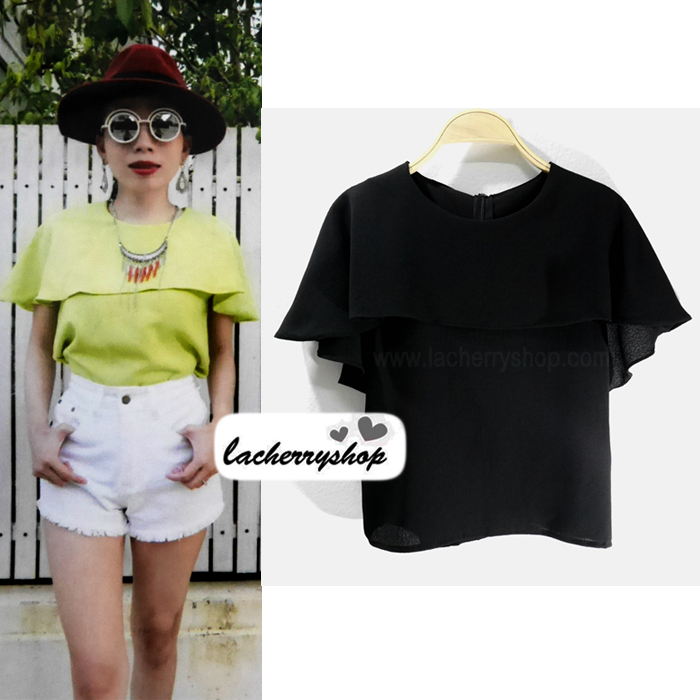 เสื้อผ้าแฟชั่น เสื้อทำงานสีดำ ตัดแต่งอกระบายรอบตัว มีซิปหลัง แบบสวยหวาน สไตล์เกาหลี ใส่ได้ทุกโอกาส คุณภาพดี ราคาไม่แพง