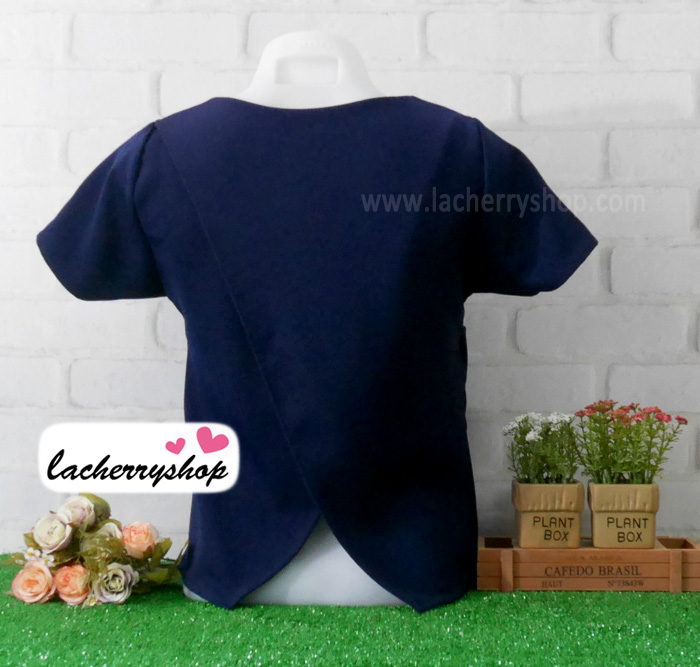 เสื้อแฟชั่นสวยๆ ผ้าฮานาโกะ สีกรมท่า ดีไซน์ผ้าป้ายหน้า-หลังเก๋ๆ แบบยอดนิยม สวยเรียบหรู