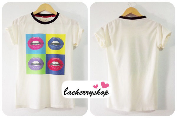 พร้อมส่งจ้า***เสื้อยืด เสื้อสกรีน สีครีม ลาย กราฟฟิก รูปปาก สีสันสดใส เท่ๆ แนวๆ วินเทจ