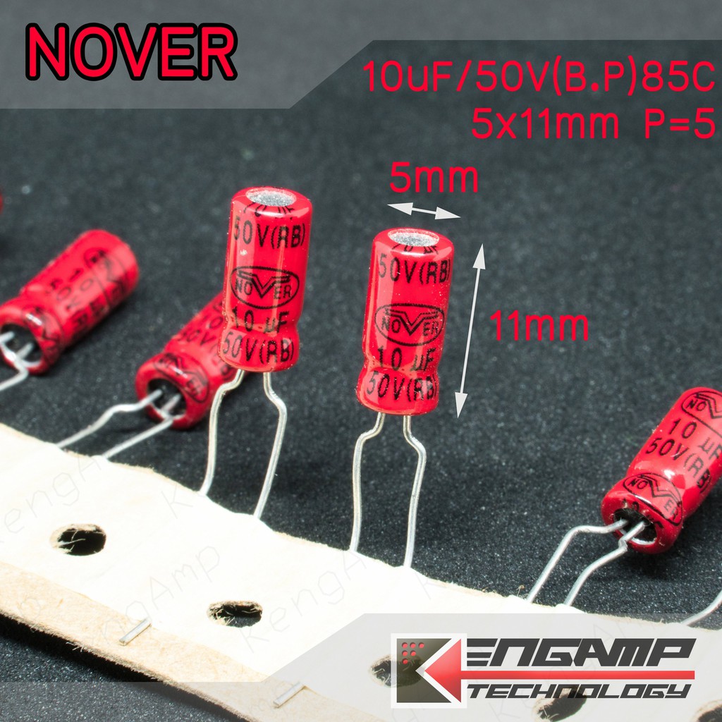 CAP 10uF/50V B.P 85C ยี่ห้อ NOVER ขนาด 5x11mm P=5mm(ราคาต่อ 10ตัว)