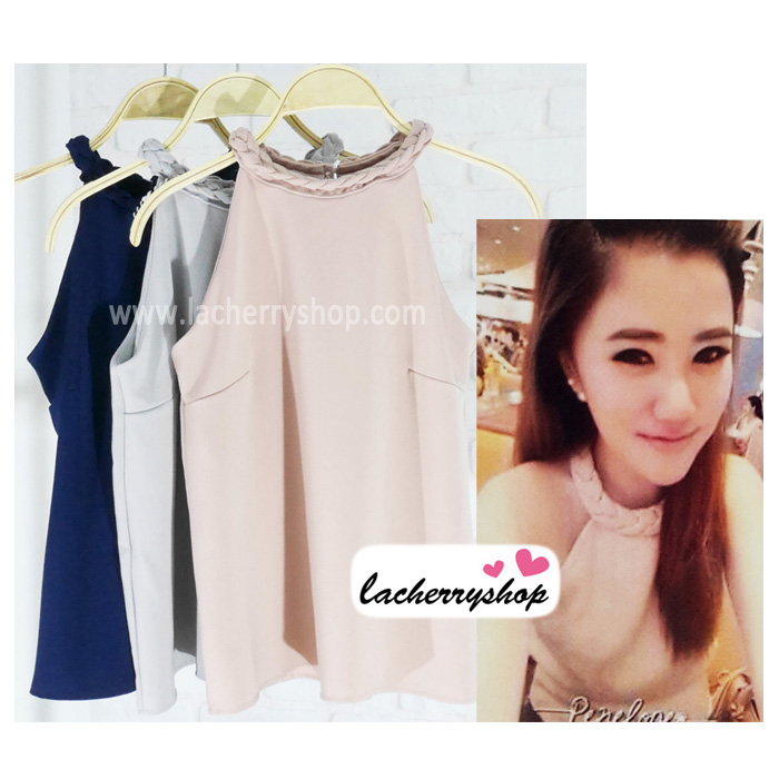 เสื้อแฟชั่นสวยๆ เสื้อทำงาน ผ้าฮานาโกะ สีเทา คอถักเปีย แบบยอดนิยม สวยน่ารักมากๆค่า