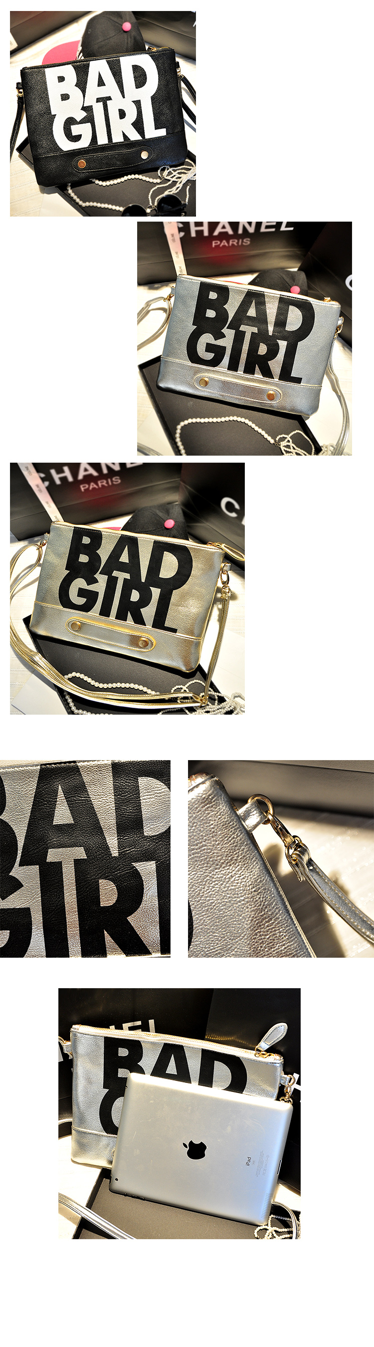 กระเป๋าแฟชั่น BAD GIRL สีทอง หนัง PU ใส่ IPAD ได้ มีสายสะพาย ((โปรโมชั่นส่งฟรี))