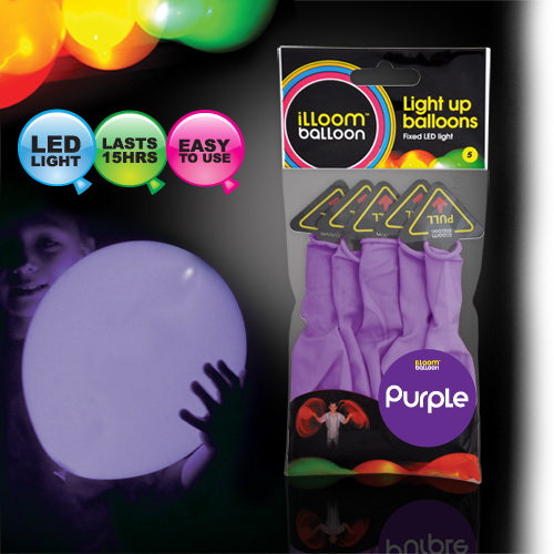 ลูกโป่ง LED สีม่วง แพ็ค 5 ชิ้น ไฟสว่างเหมือนโคมไฟ (LED Purple Balloon - LED Fixed Mode)