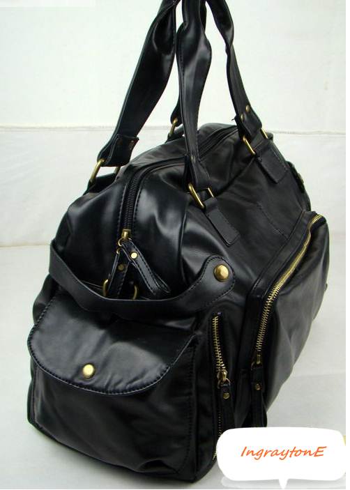 กระเป๋าเรโทร Hold all สไตล์อังกฤษ แต่งซิบสี่เหลี่ยม หนัง pu สีดำ น้ำตาล