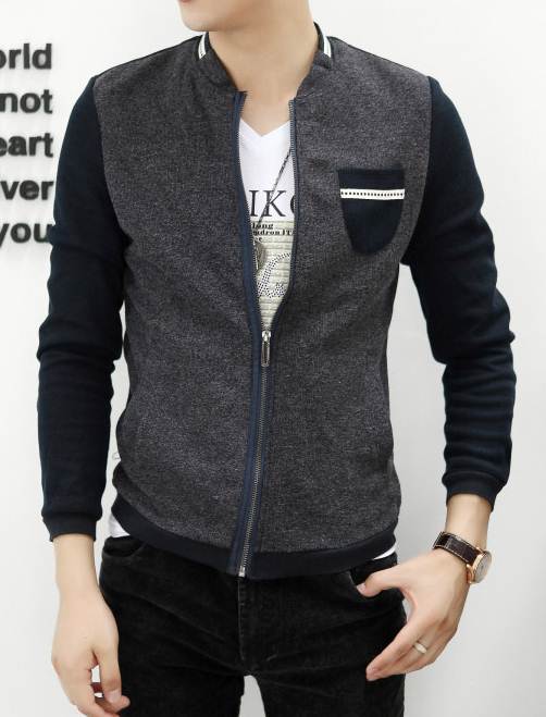 เสื้อคลุมเบสอล 2โทน ติดซิบ ปะกระเป๋า สีเทาแขนน้ำเงิน No.46